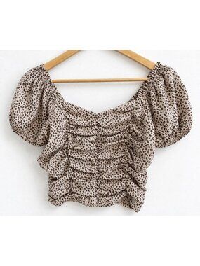 Paper Crane Smocked Leopard Print Crop Top Y2K  Brown Cream Women’s Small